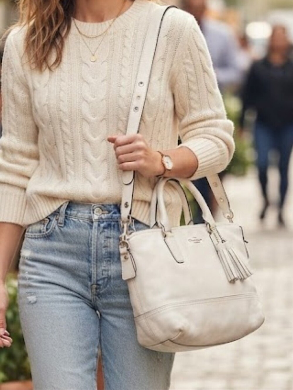 Coach Hamptons  Cream Leather Tote Bag with Tassel Accent
